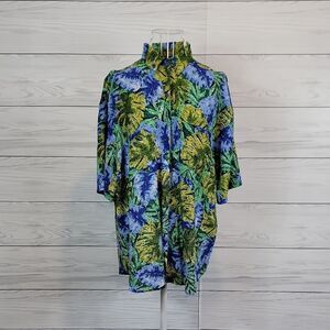 Vintage Bobbie Brooks Hawaiian Shirt Blue & Green Palm Leaf Mens Size L